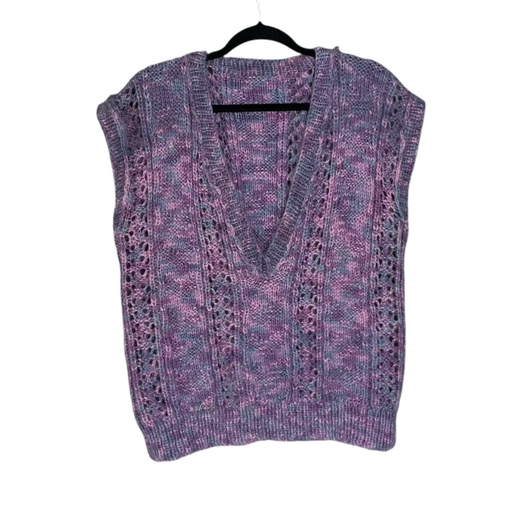 HAND KNIT Sleeveless Deep V-Neck Sweater Vest Purple Blue M
